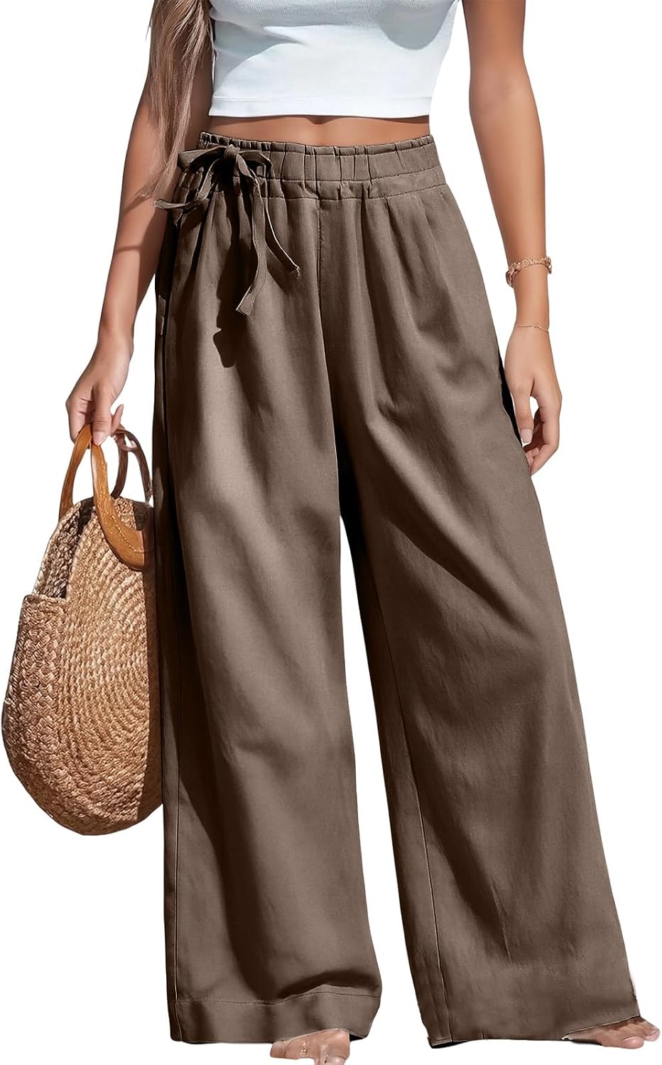 Linen Pants Women High Waisted Flowy Wide Leg Trendy Side Tie Knot Palazzo Pant Beach Vacation Outfits