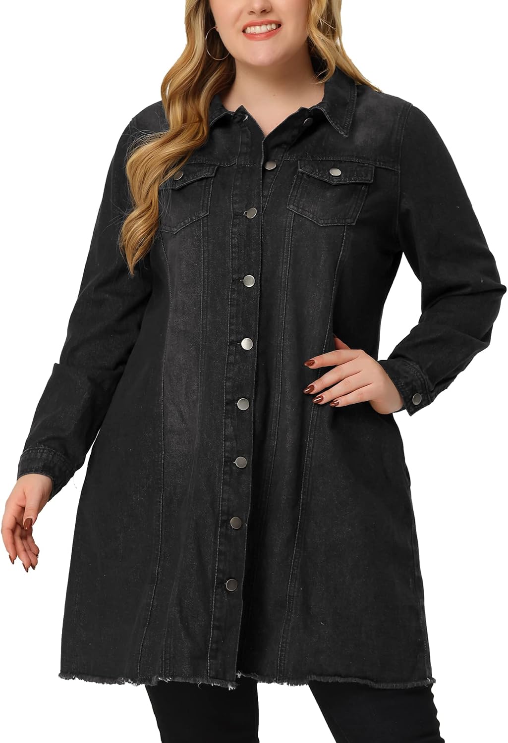 Women's Plus Size Washed Black Long Denim Jacket