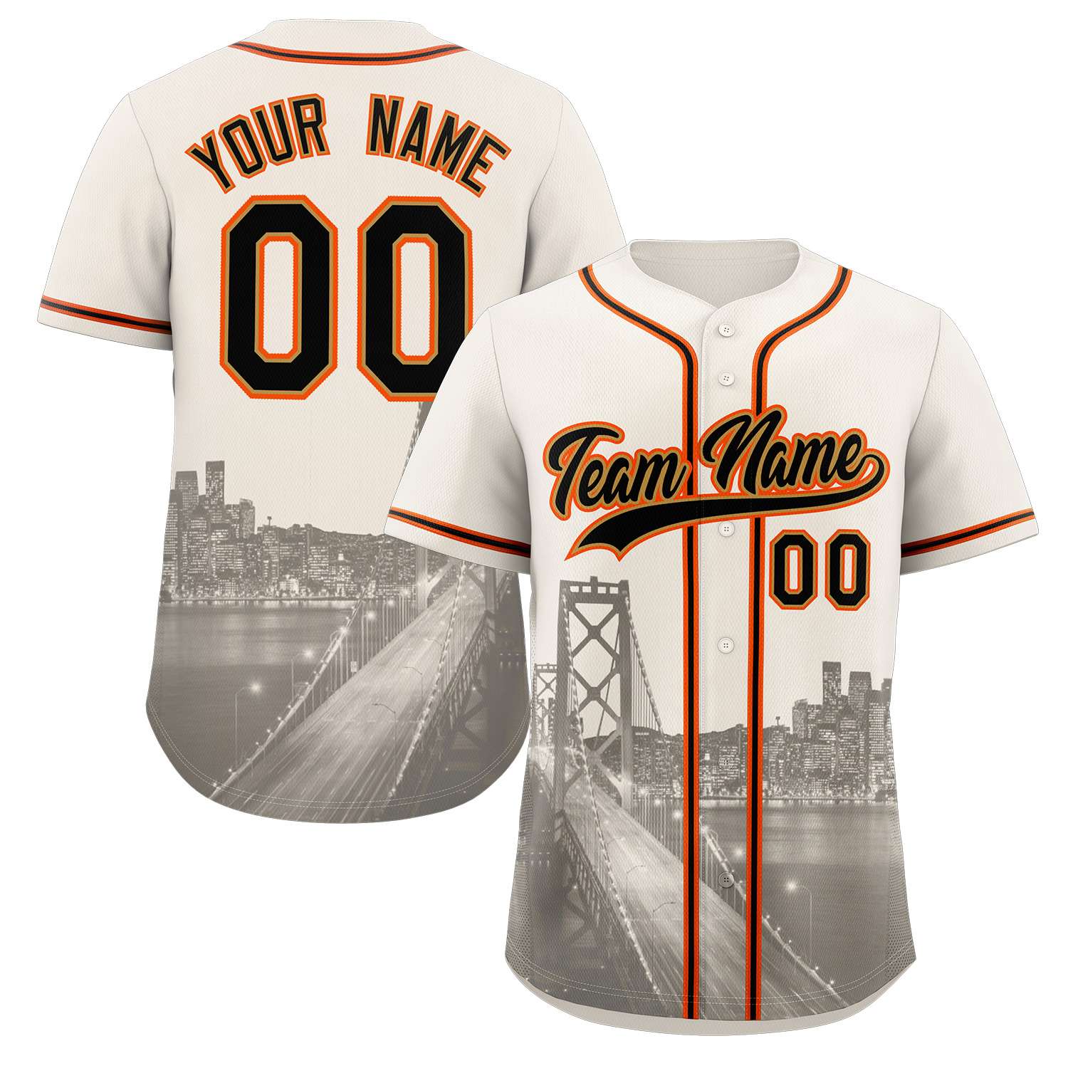 Benutzerdefiniertes schwarz-altgoldenes San Francisco City Skyline Baseball-Trikot