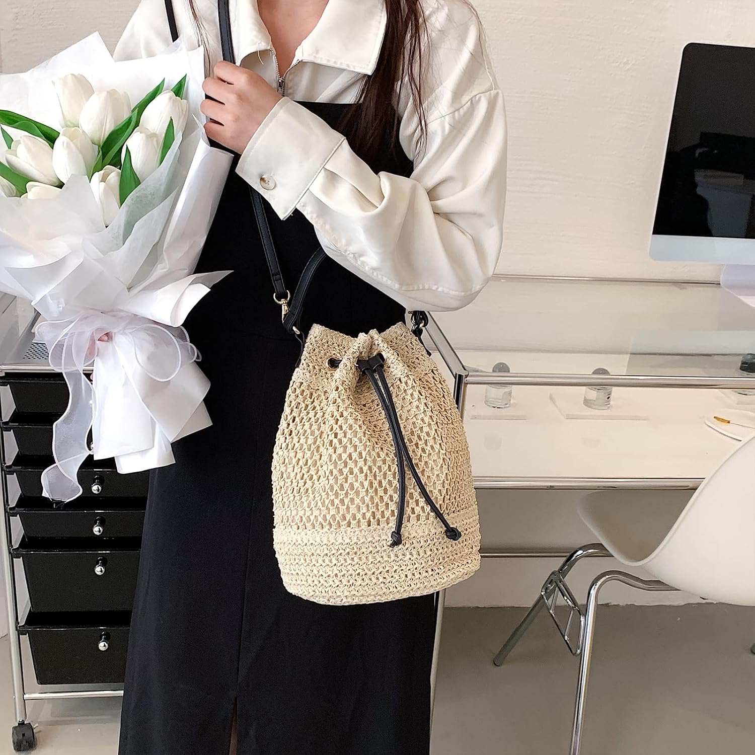 Women's Crochet Straw Bucket Bag Beach Drawstring Purse