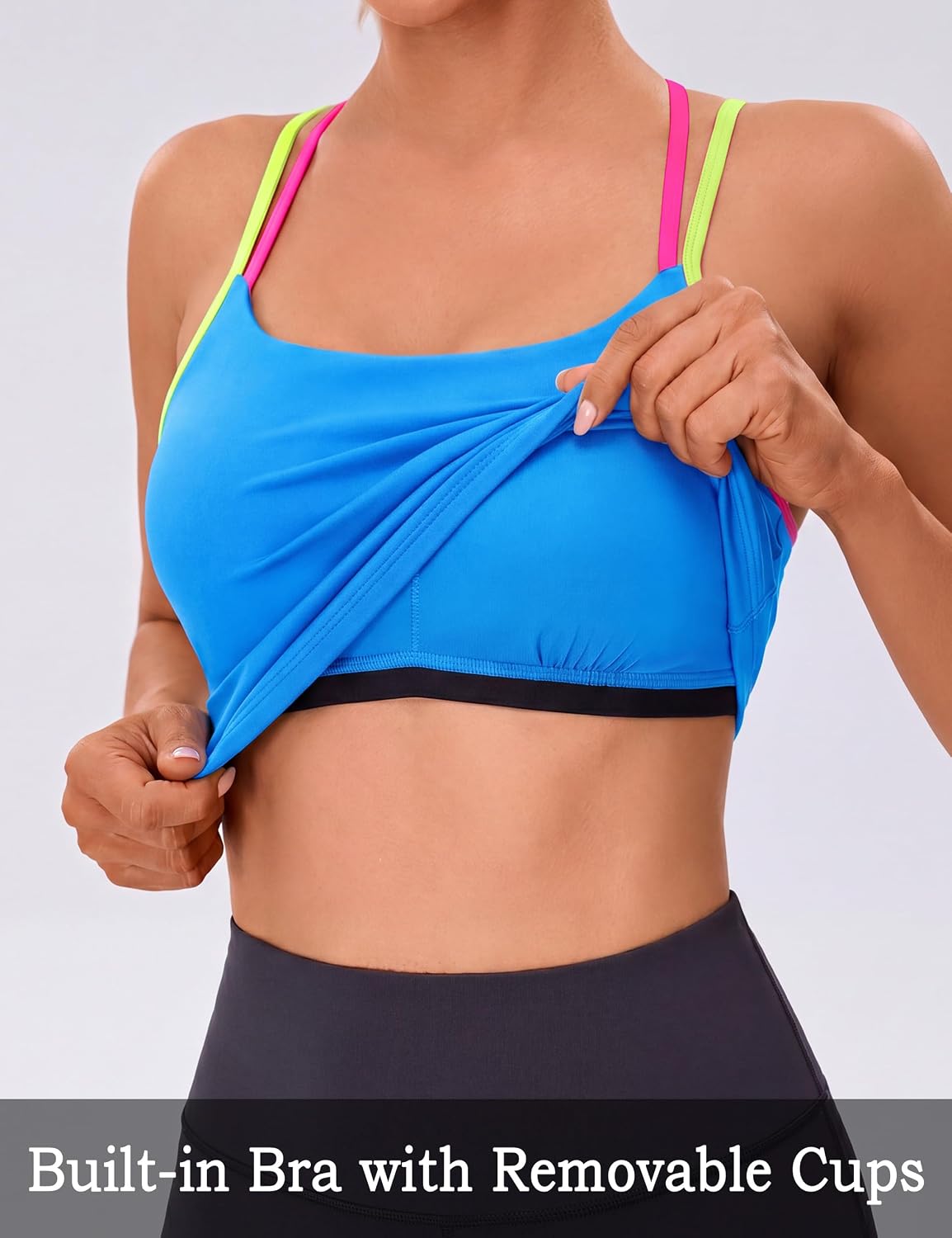 Women's Color Block Strappy Workout Tank Built in Bra