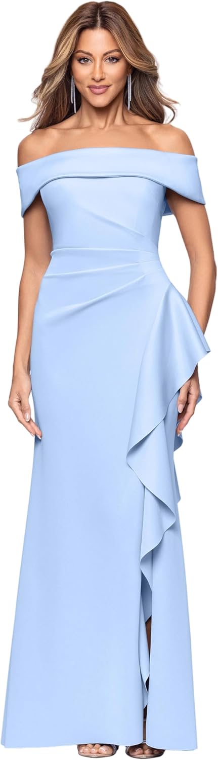Women's Long Ruched Off-the-Shoulder Low-Sheen Evening Dress with Leg Slit & Ruffle Detail