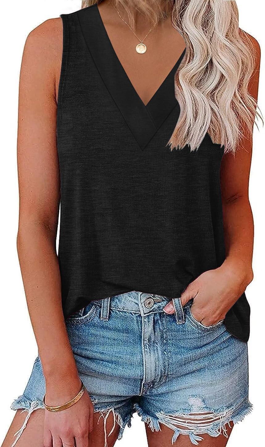 Women's V Neck Loose Fit Tank Top, Black