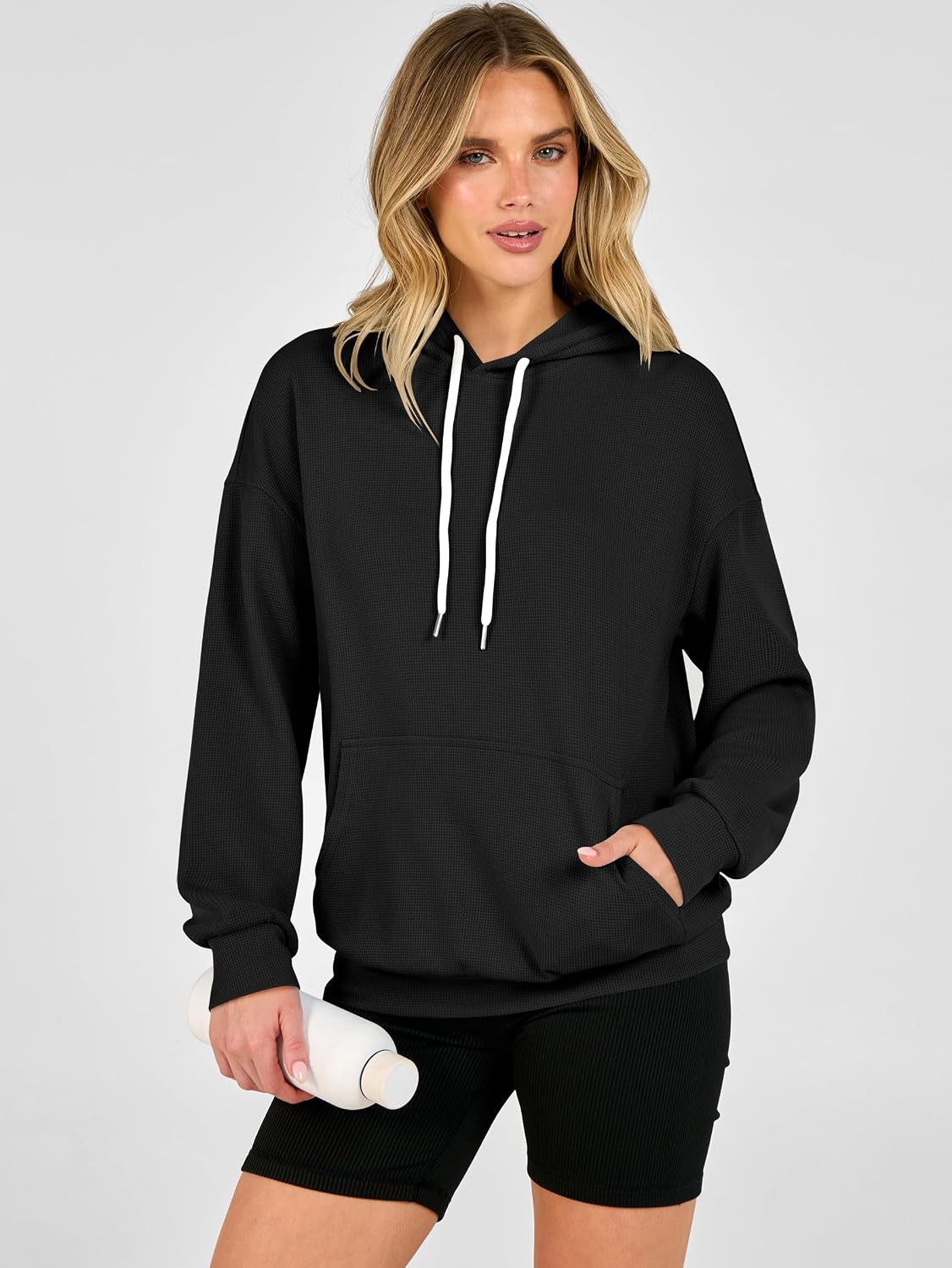 Women's Waffle Knit Hoodie Loose Fit Sweatshirts Drawstring Pullover Tops with Pocket Travel Wear Clothes Fall Winter Outfits