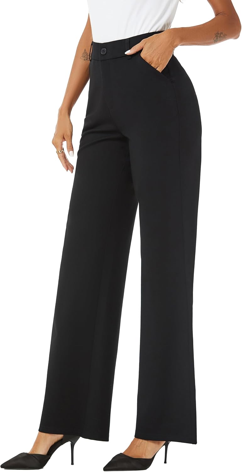 Womens High Waist Wide Straight Leg Trousers Casual Slacks Dress Pants with Pockets