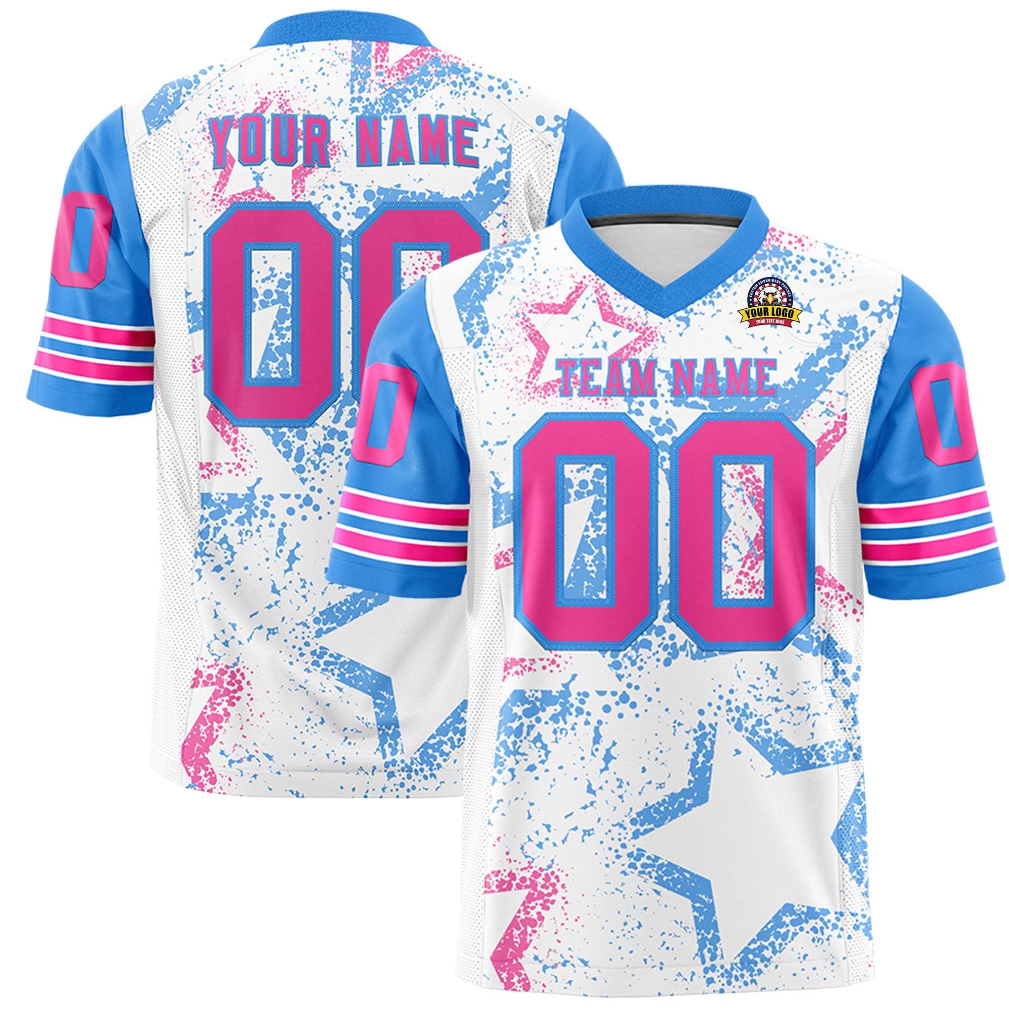 Benutzerdefiniertes weißes Puderblau-Rosa, personalisiertes Sternmuster-Design, authentisches Fußballtrikot