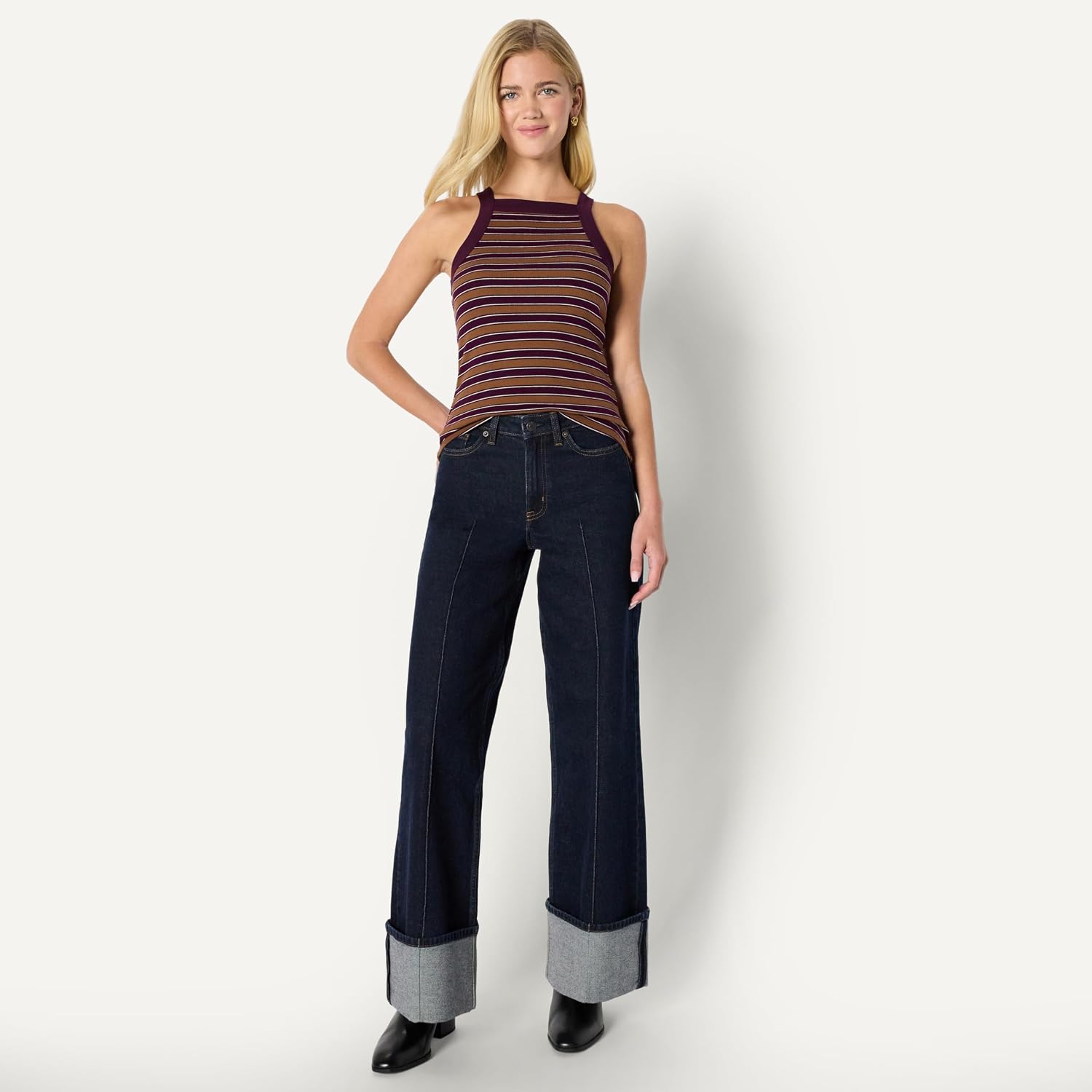 Women's Striped High Neck Rib Knit Tank Top Women's Striped High Neck Rib Knit Tank Top
