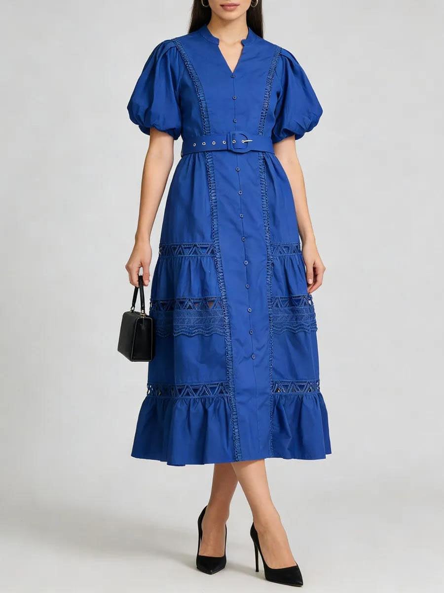 Women's Belted Lace Trim Maxi Dress Puff Sleeve Pink