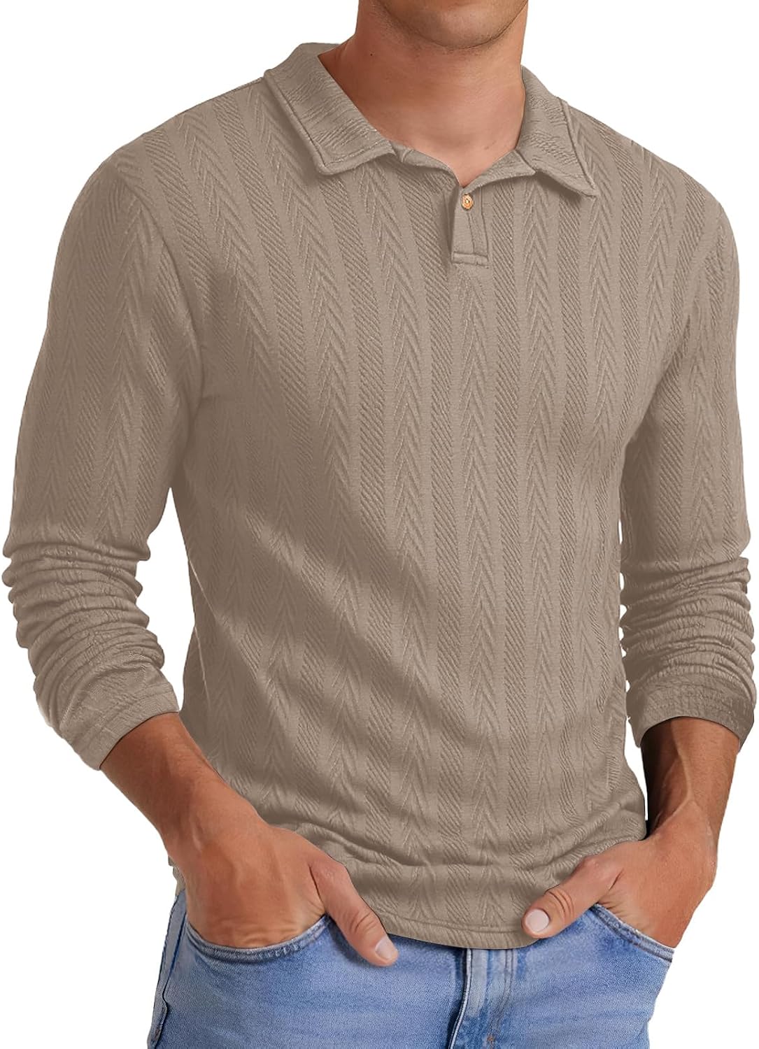 Men's Long Sleeve Textured Knit Polo Shirt Khaki