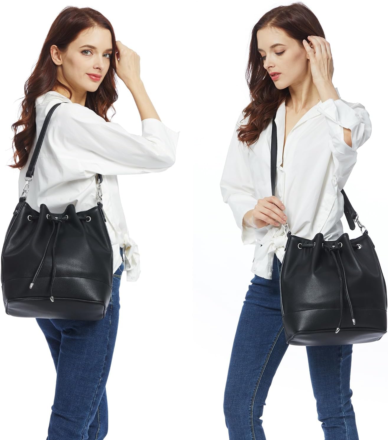 Women's Vegan Leather Bucket Tote Bag Black