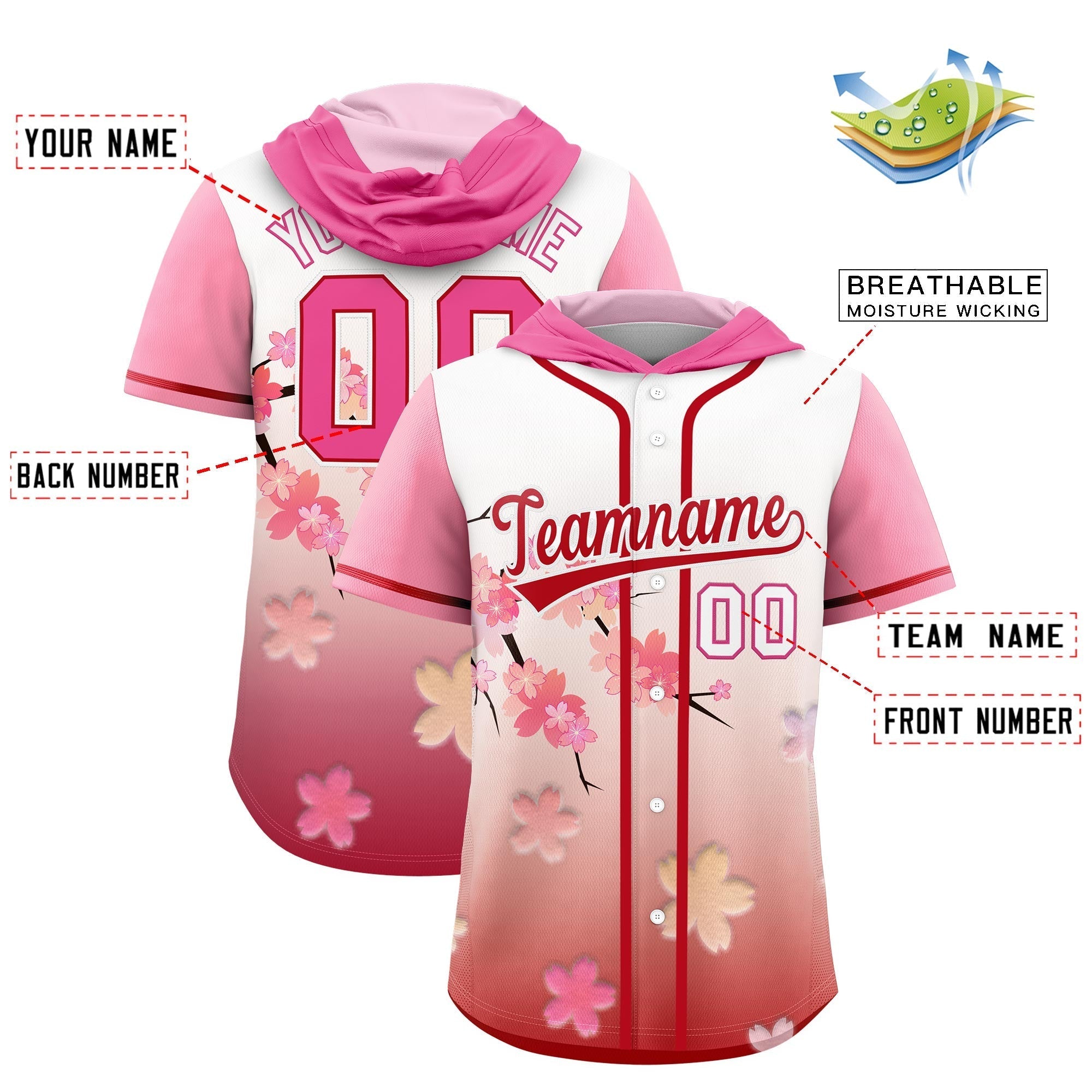 Benutzerdefiniertes Kirschblüten-Raglanärmel-atmungsaktives Baseball-Kapuzentrikot Benutzerdefiniertes Kirschblüten-Raglanärmel-atmungsaktives Baseball-Kapuzentrikot