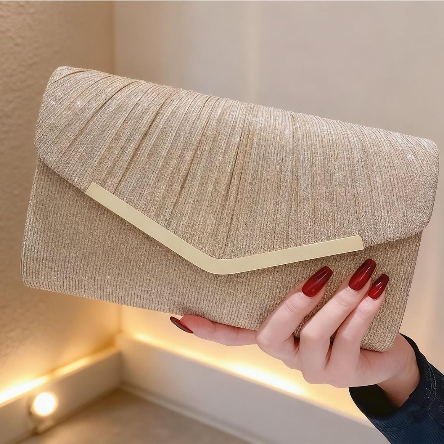 Women's Metallic Pleated Clutch Champagne Evening Bag with Chain Women's Metallic Pleated Clutch Champagne Evening Bag with Chain