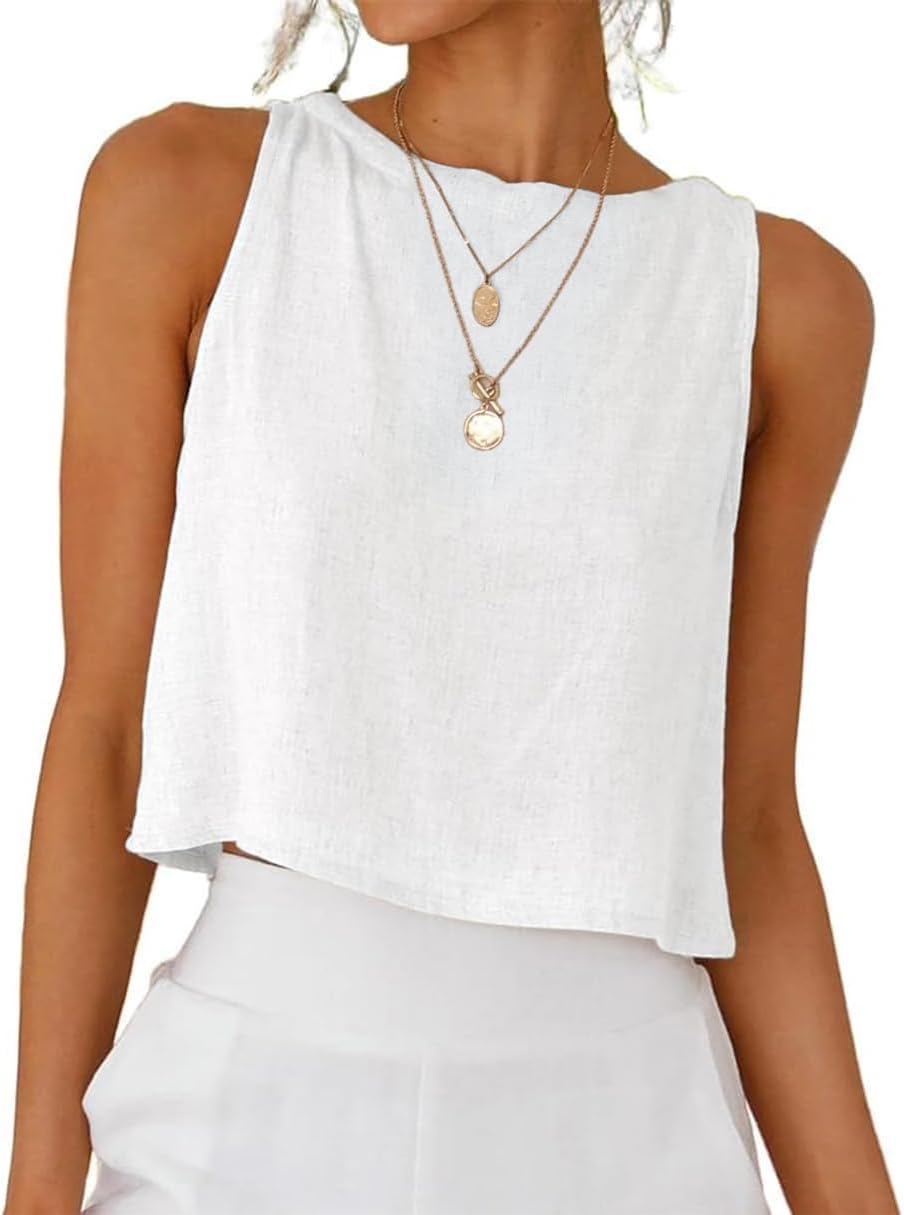 Womens Linen Crop Tops Summer Casual Cotton Sleeveless Tank