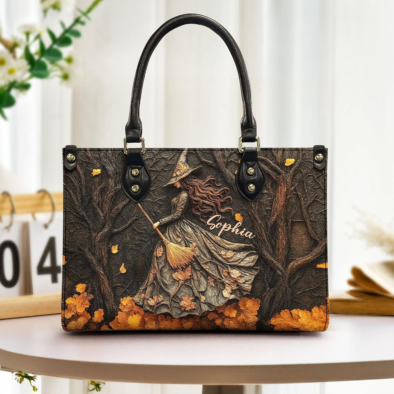 Spooky Witch Art Print - Personalized Leather Bag Custom Gothic Halloween Handbag Aesthetic Purse For Women Teen Girls Crossbody Tote Wiccan Pagan Magick Accessories