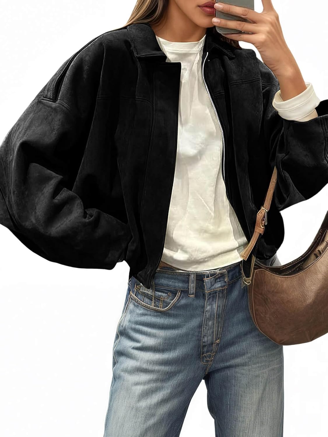 Womens Faux Suede Bomber Jackets Oversized Cropped Zip Up Lapel Coats Fall Casual Outerwears