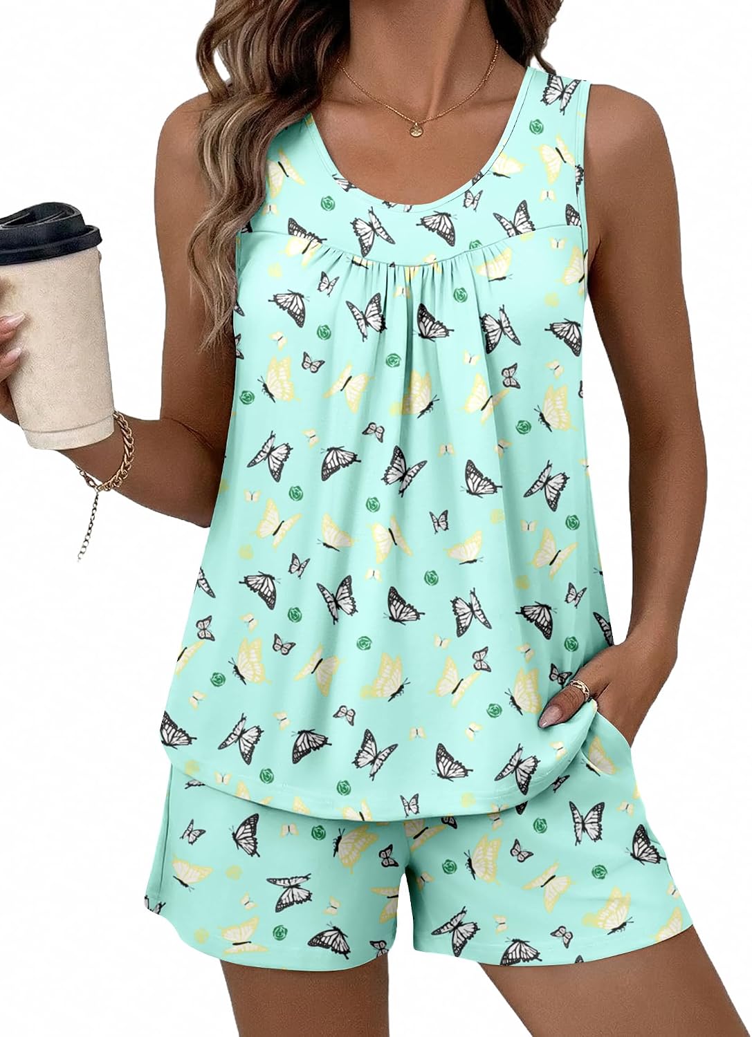 Women's Butterfly Print Tank Top and Shorts Pajama Set