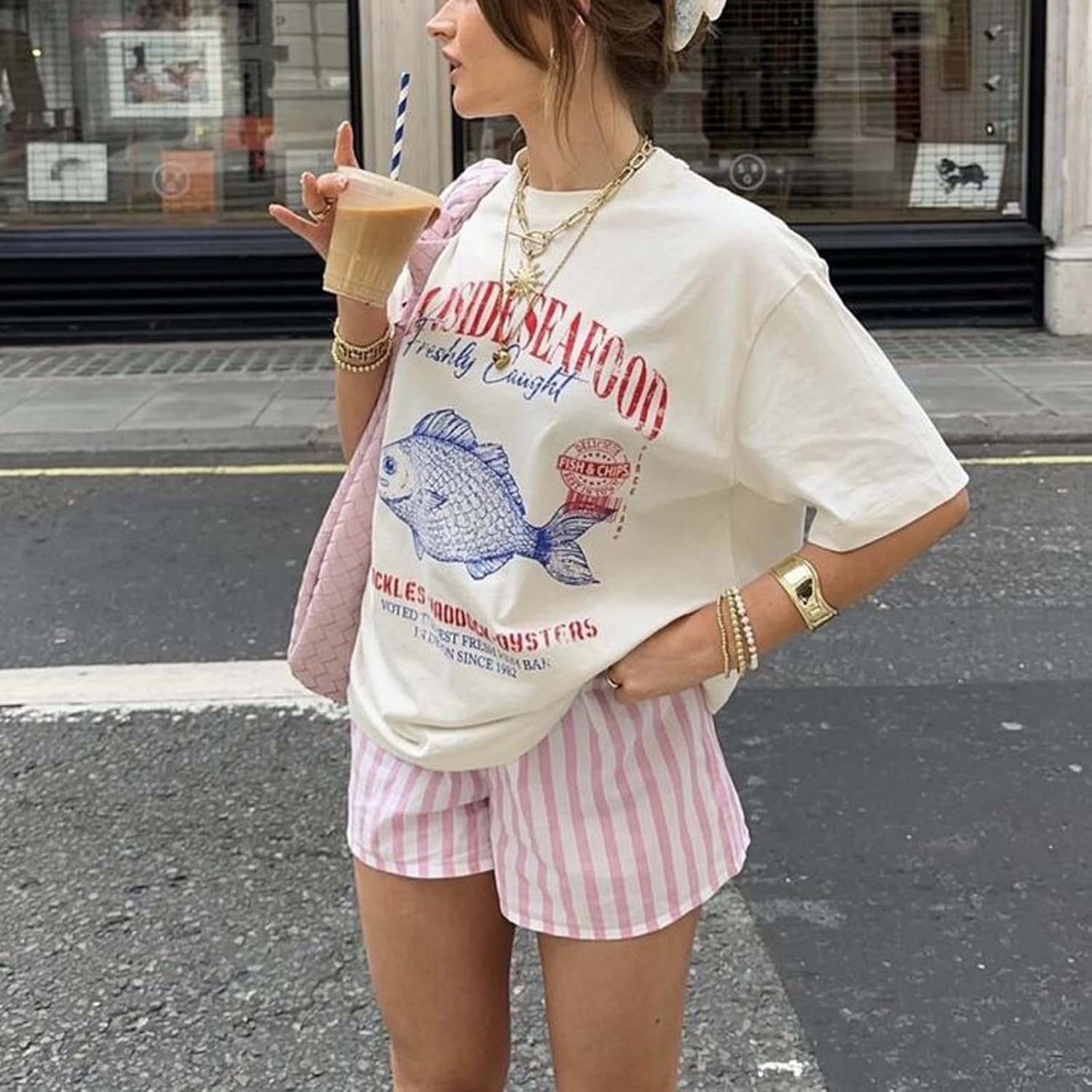 Women's Fish Graphic Oversized Tee Cream