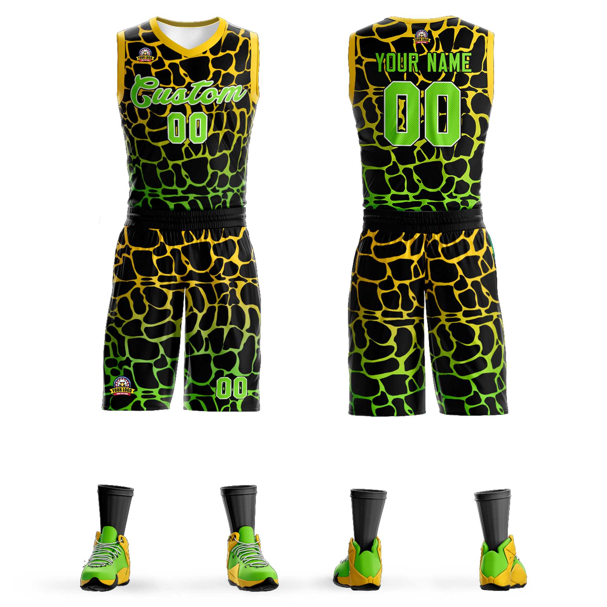 Kundenspezifisches Basketball-Trikot mit Sportuniform in Schwarz, Gold und Neongrün mit gepunktetem Graffiti-Muster