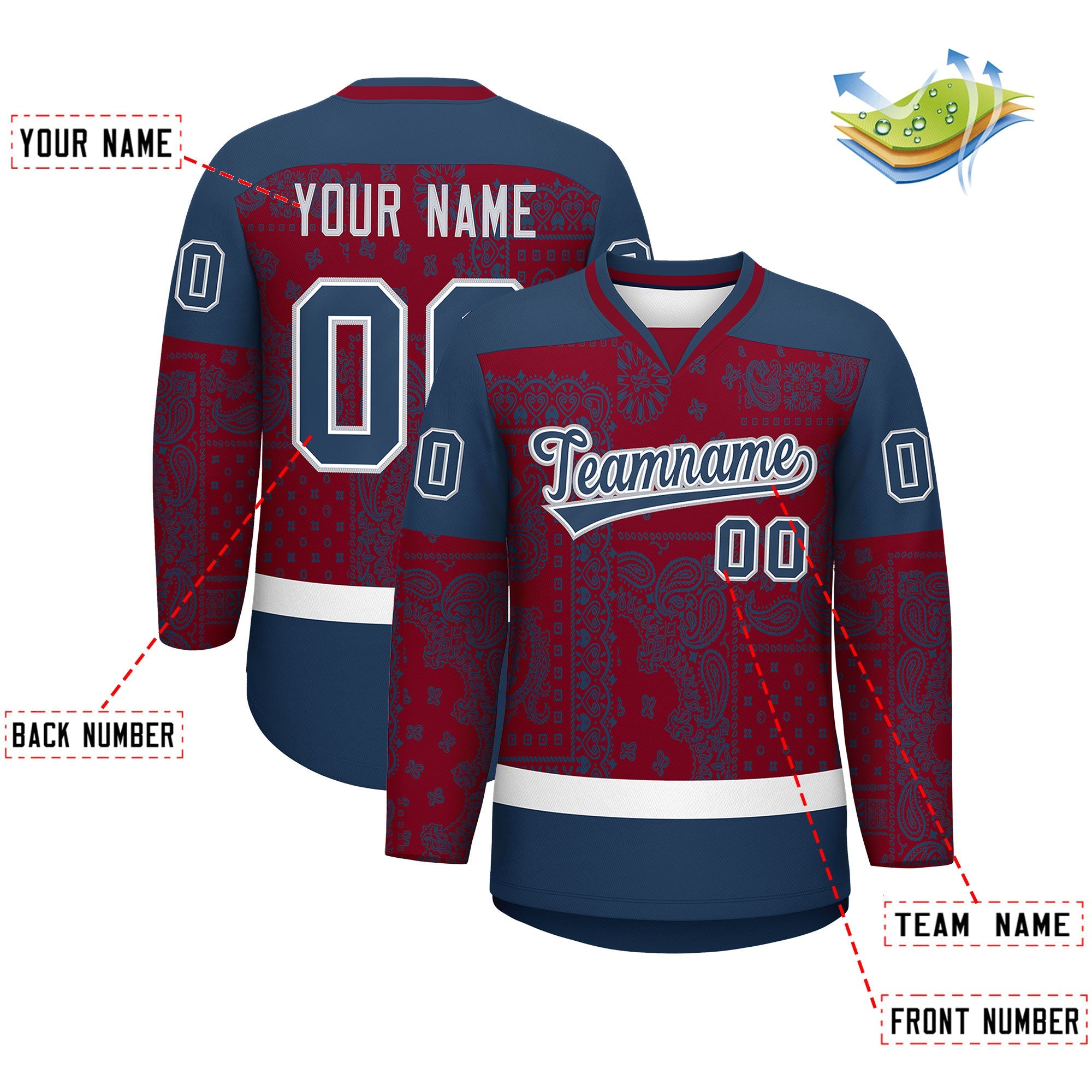 Custom Midnight Blue Crimson White Cashew Flower Graffiti Pattern V-Neck Hockey Jersey