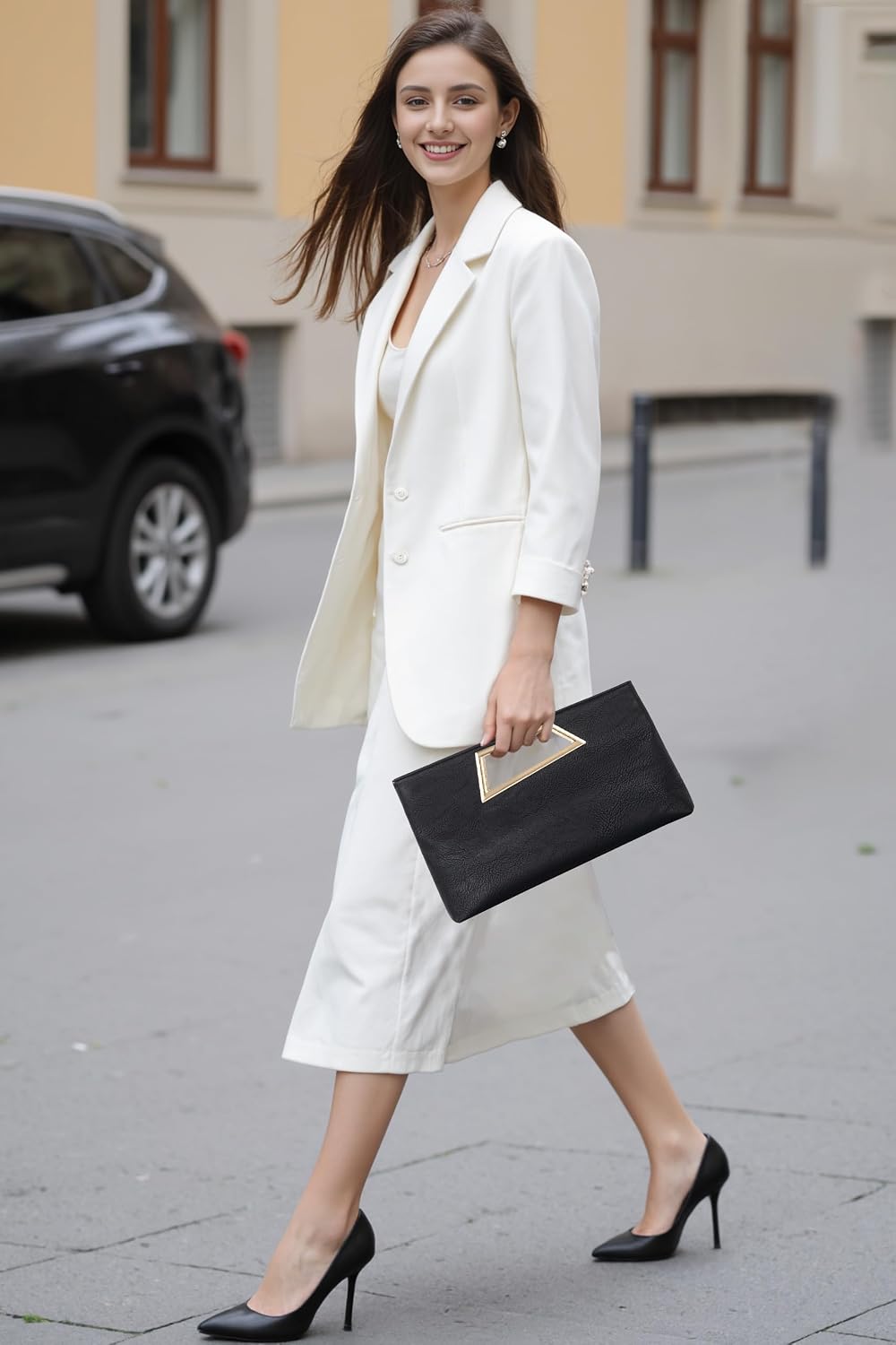 Women's PU Leather Clutch with Gold Cutout Handle Black