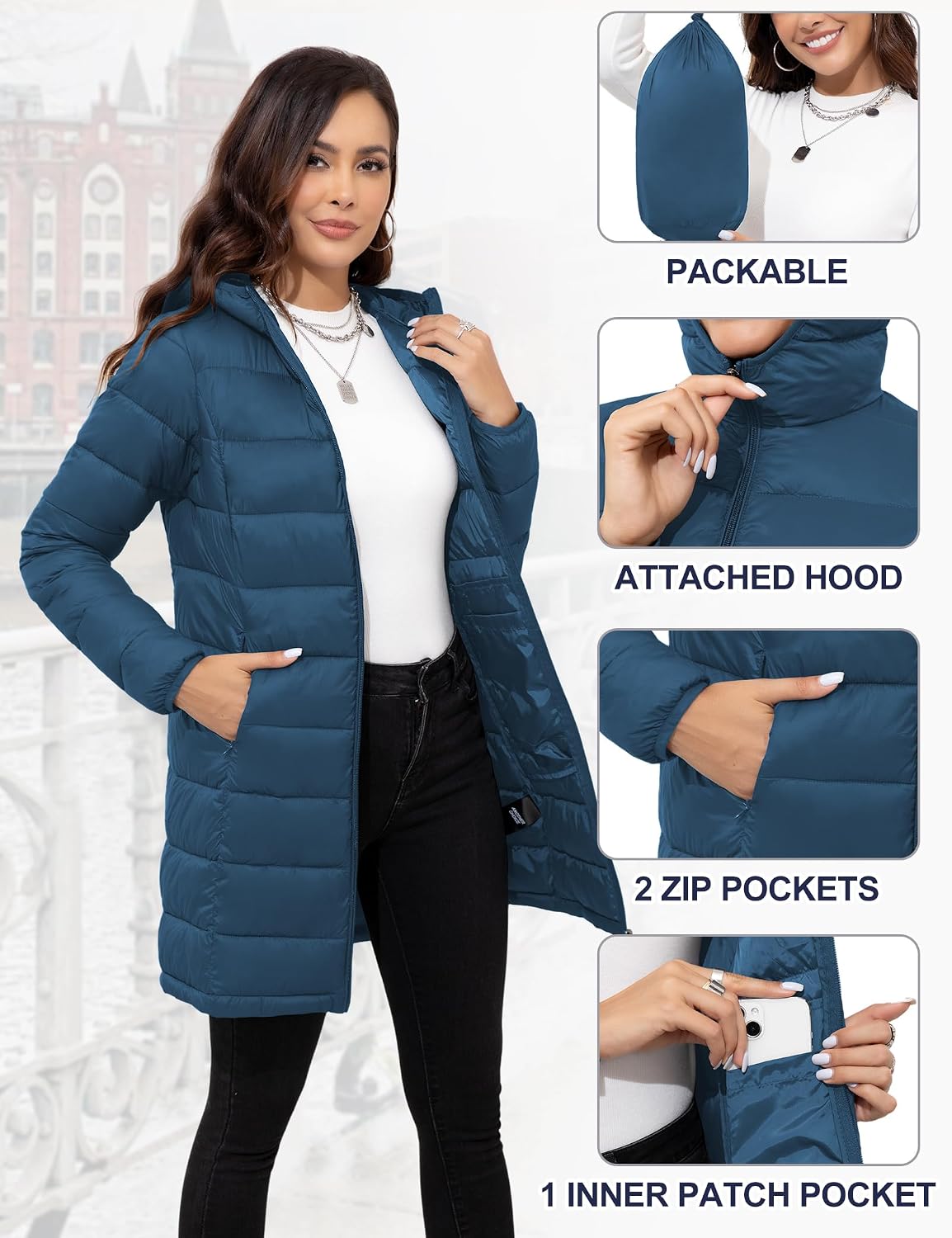 Women's Packable Long Hooded Puffer Jacket Teal Blue