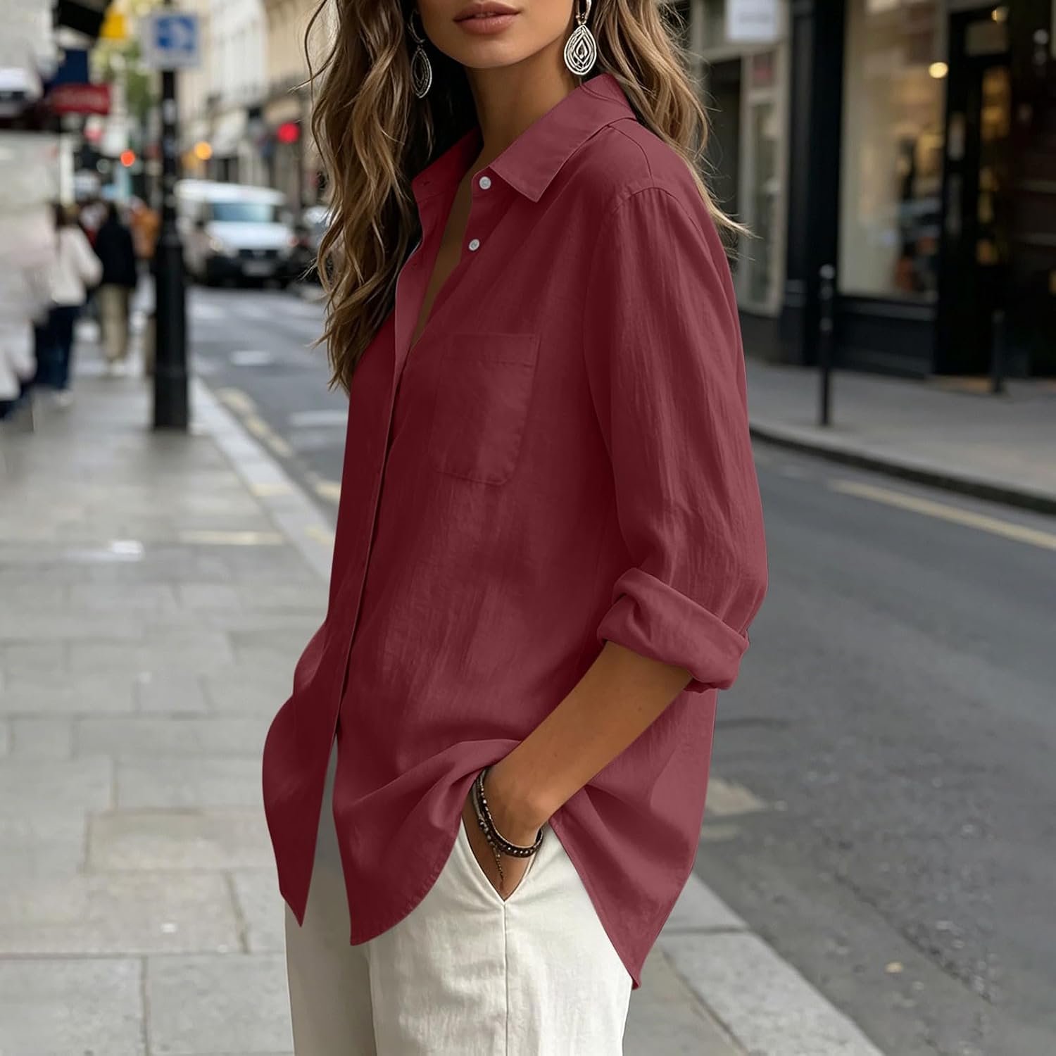 Womens Button Down Dress Shirts Fall Cotton Linen Textured Shirt Jacket Long Sleeve Collared Work Tops with Pocket