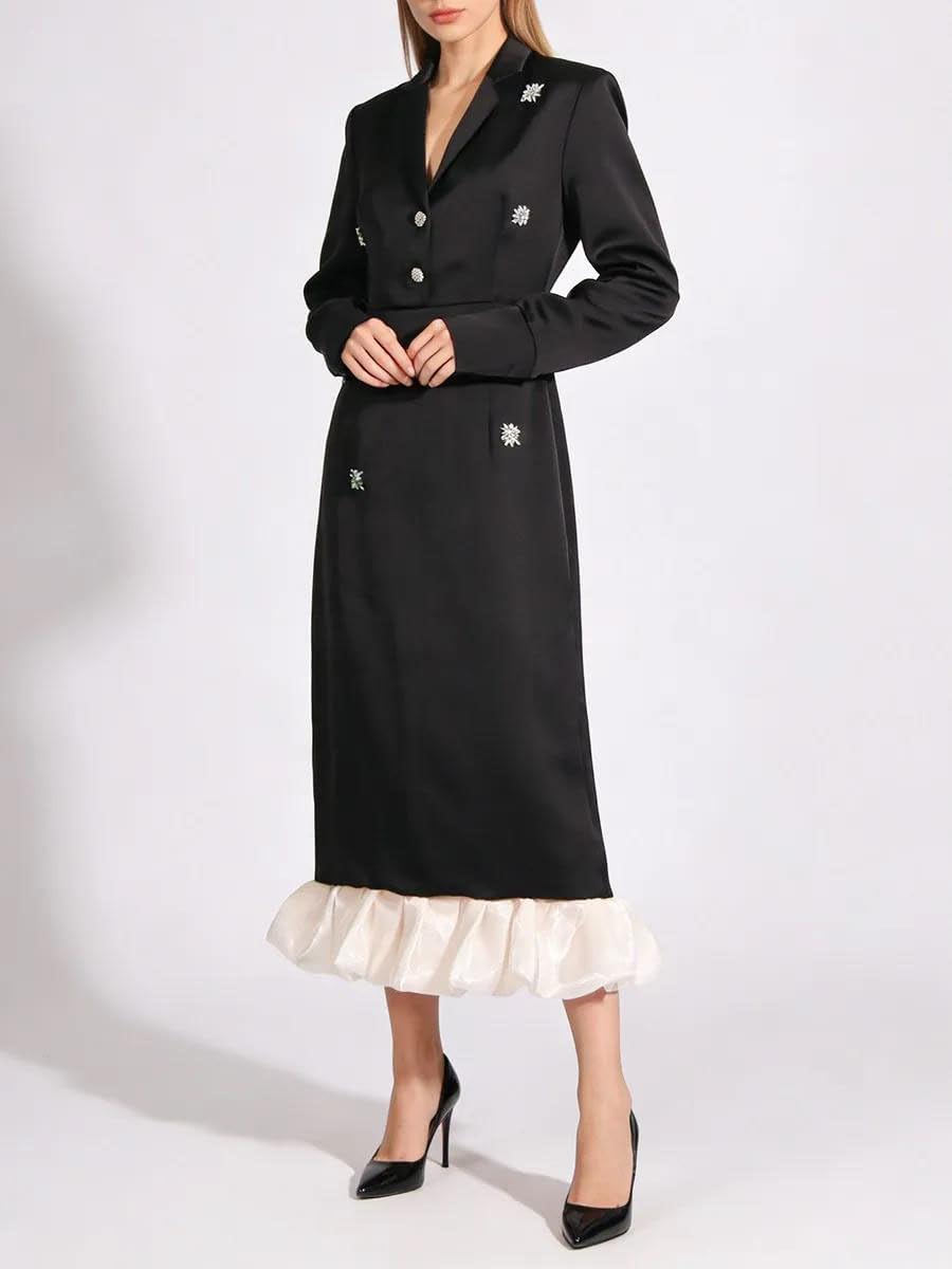 Women's Embellished Satin Midi Dress Lapel Long Sleeve Black