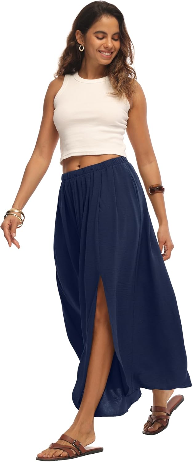 Womens Maxi Skirts High Waisted Flowy A Line Weekend Skirt with Side Slit for Spring Summer
