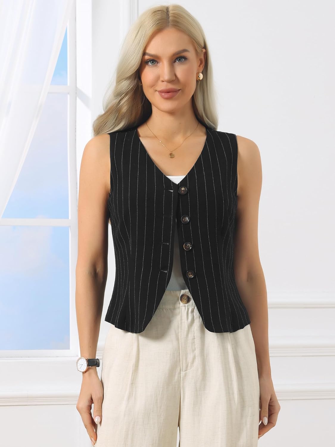 Women's Pinstripe Linen Vest V Neck Button Crop Waistcoat