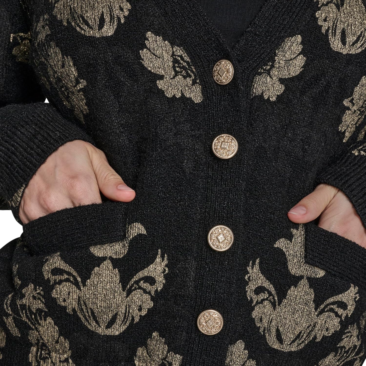 Women's Damask Print V Neck Button Front Cardigan