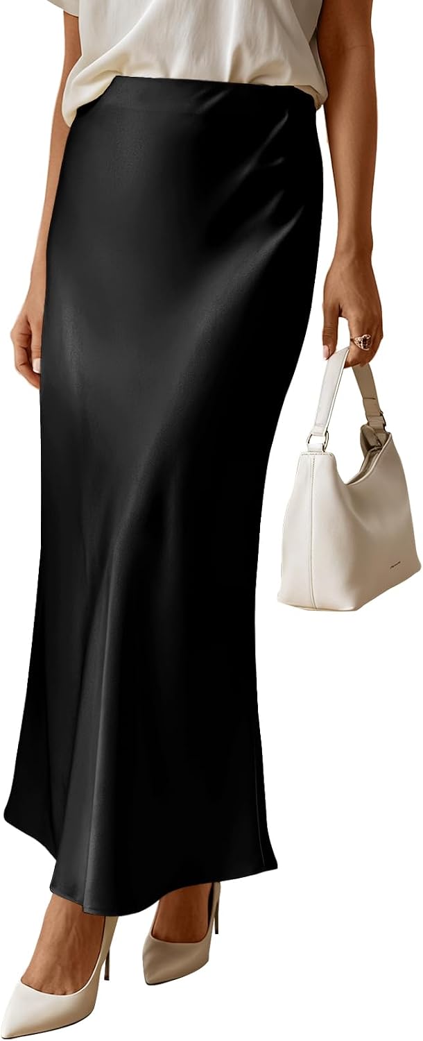 Women's Satin Maxi Skirt High Waist Fishtail Black