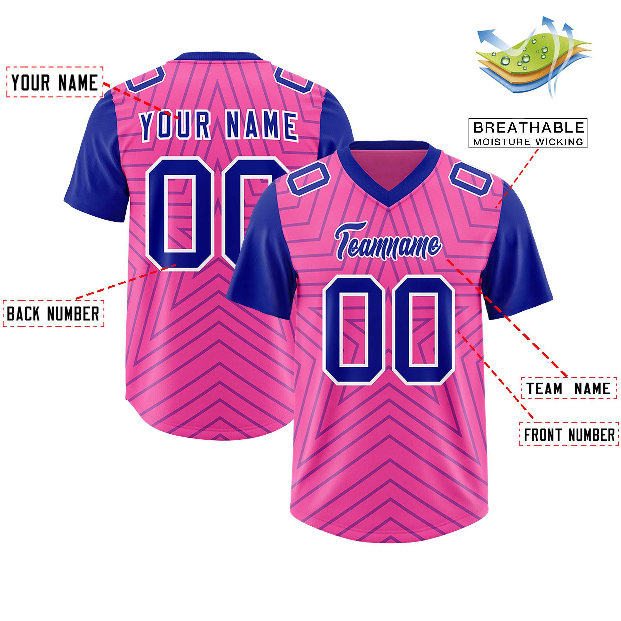 Individuell personalisiertes, authentisches Fußballtrikot mit Raglanärmeln und Sternenmuster