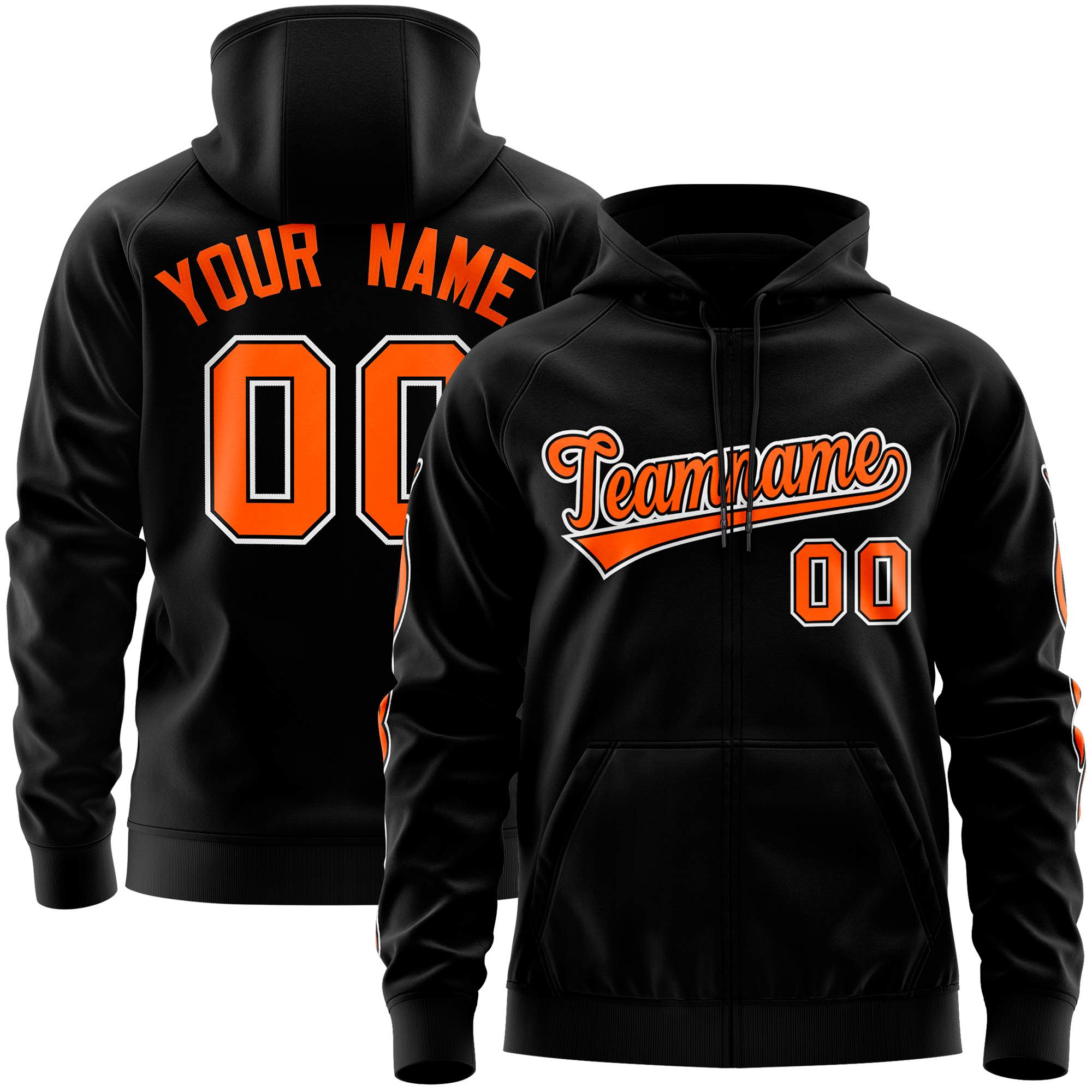 Individuell genähter Sport-Sweatshirt-Kapuzenpullover mit durchgehendem Reißverschluss in Schwarz und Orange mit Flamme