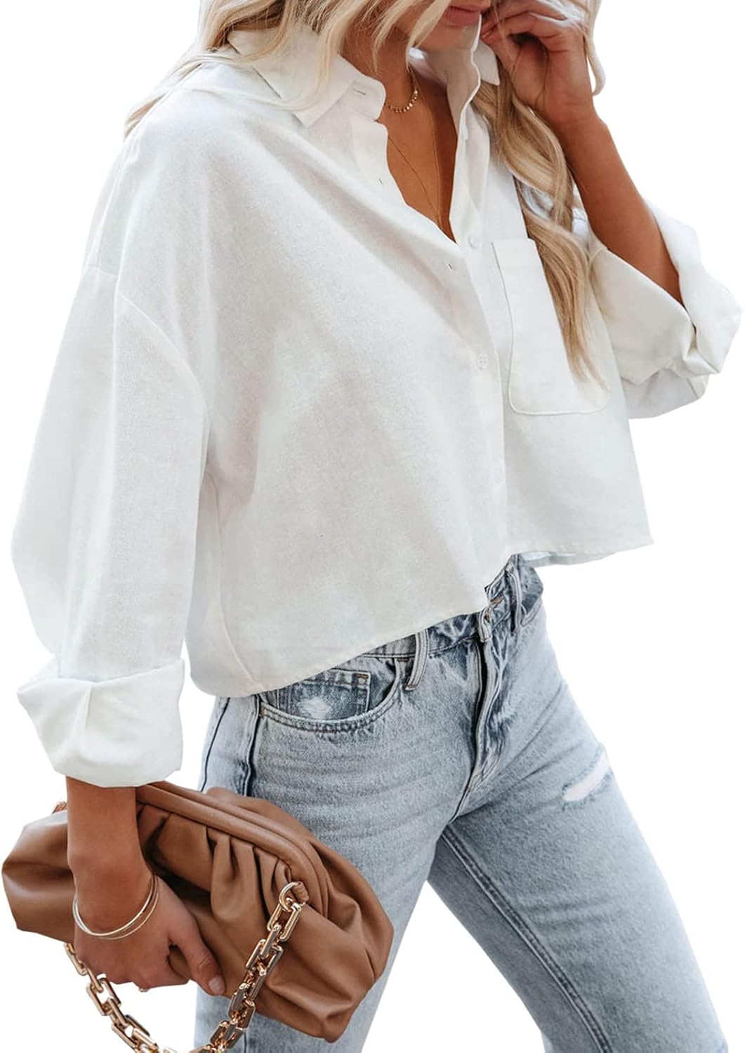 Womens Button Down Cropped Shirts Long Sleeve Casual Crop Tops Solid Lapel Blouse Shirt with Chest Pocket