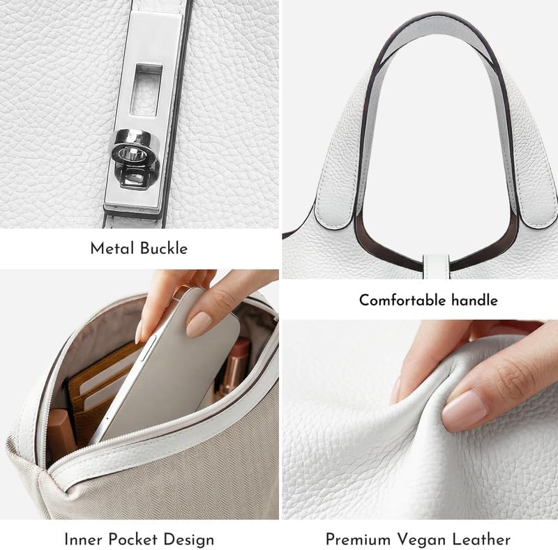 White Vegan Leather Bucket Tote Bag Silver Lock