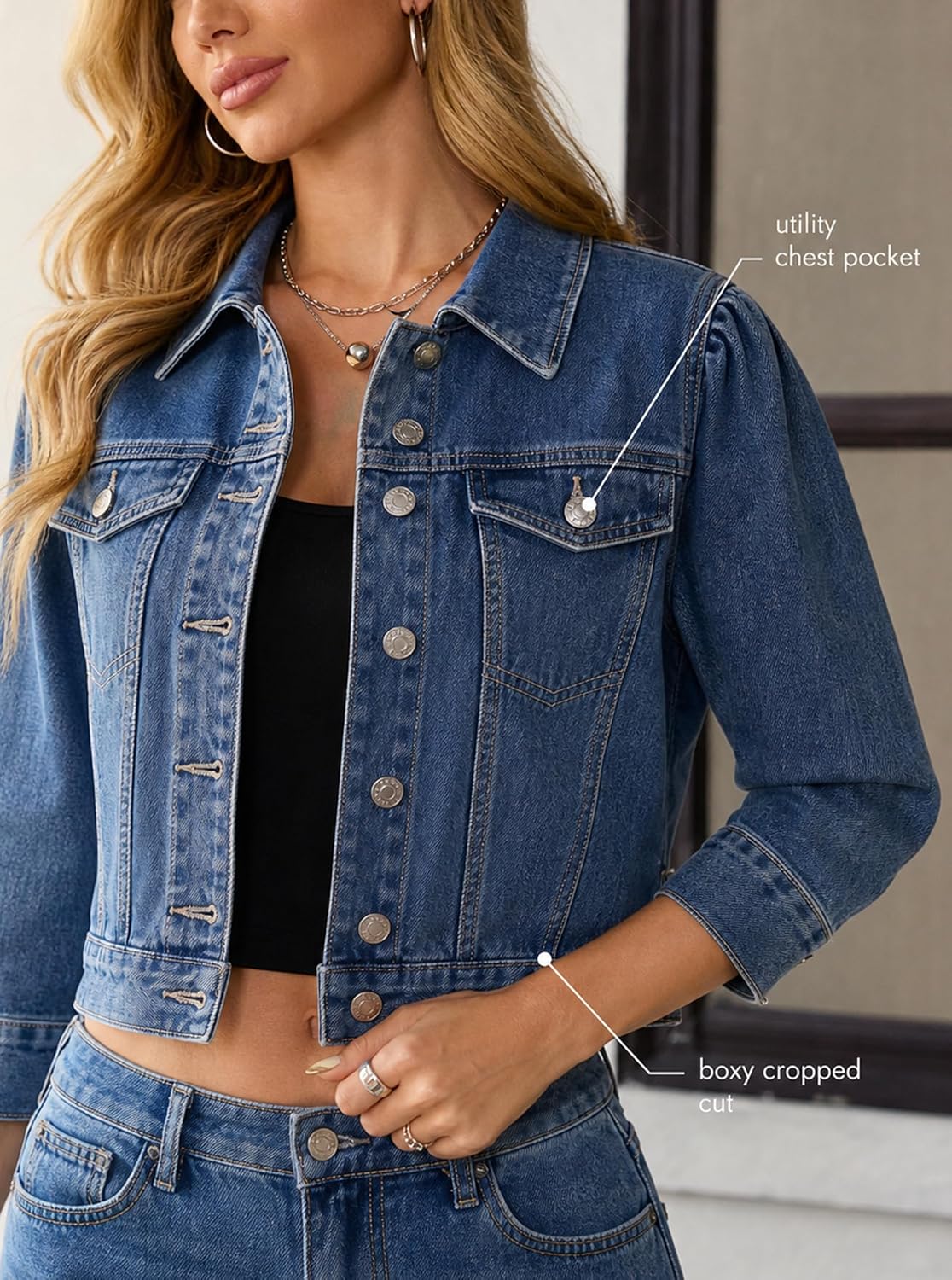 Women's Cropped Denim Jackets 3-Quarter Button Down Short Jean Jacket