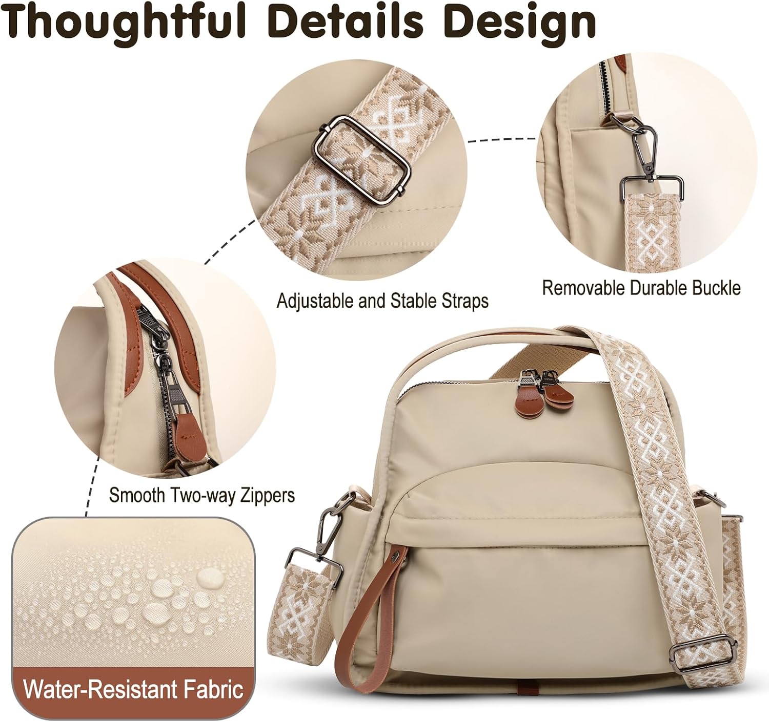 Women's Water-Resistant Nylon Top-Handle Crossbody Bag, Beige Women's Water-Resistant Nylon Top-Handle Crossbody Bag, Beige