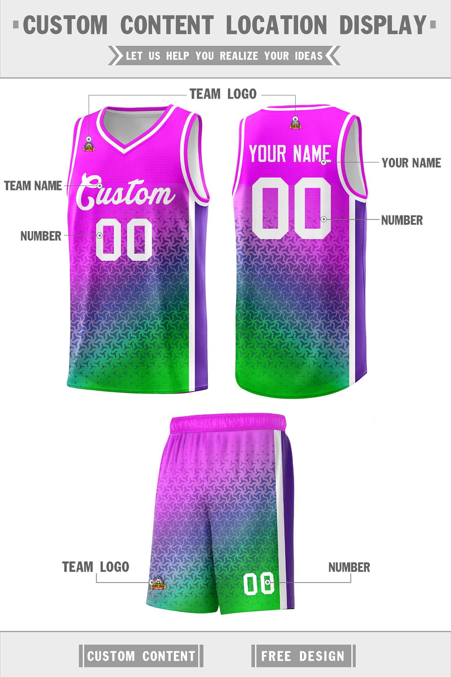 Benutzerdefiniertes Basketball-Trikot mit Farbverlauf in Rosa, Lila und Neongrün mit unregelmäßigen Formen und Mustern für Sportuniformen