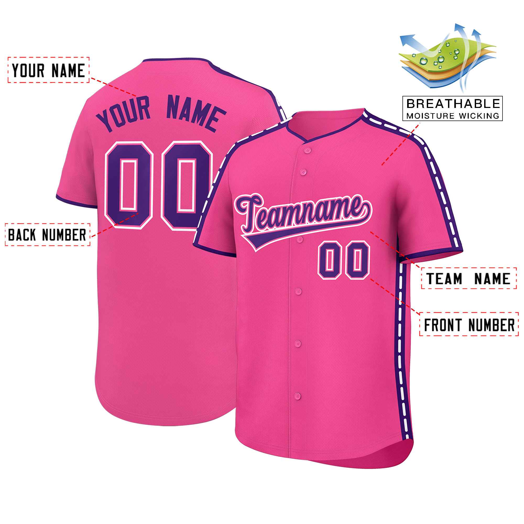 Authentisches Baseball-Trikot mit individuellem Farbblock, personalisierter seitlicher gepunkteter Linie