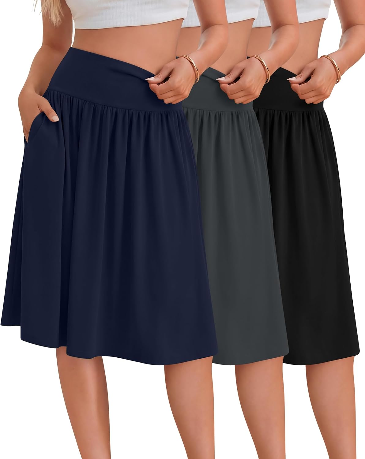 3 Packs Women's Knee Length Casual Skirts with Pockets, Flared High Waisted Midi Pleated Flowy a Line Summer Skirts