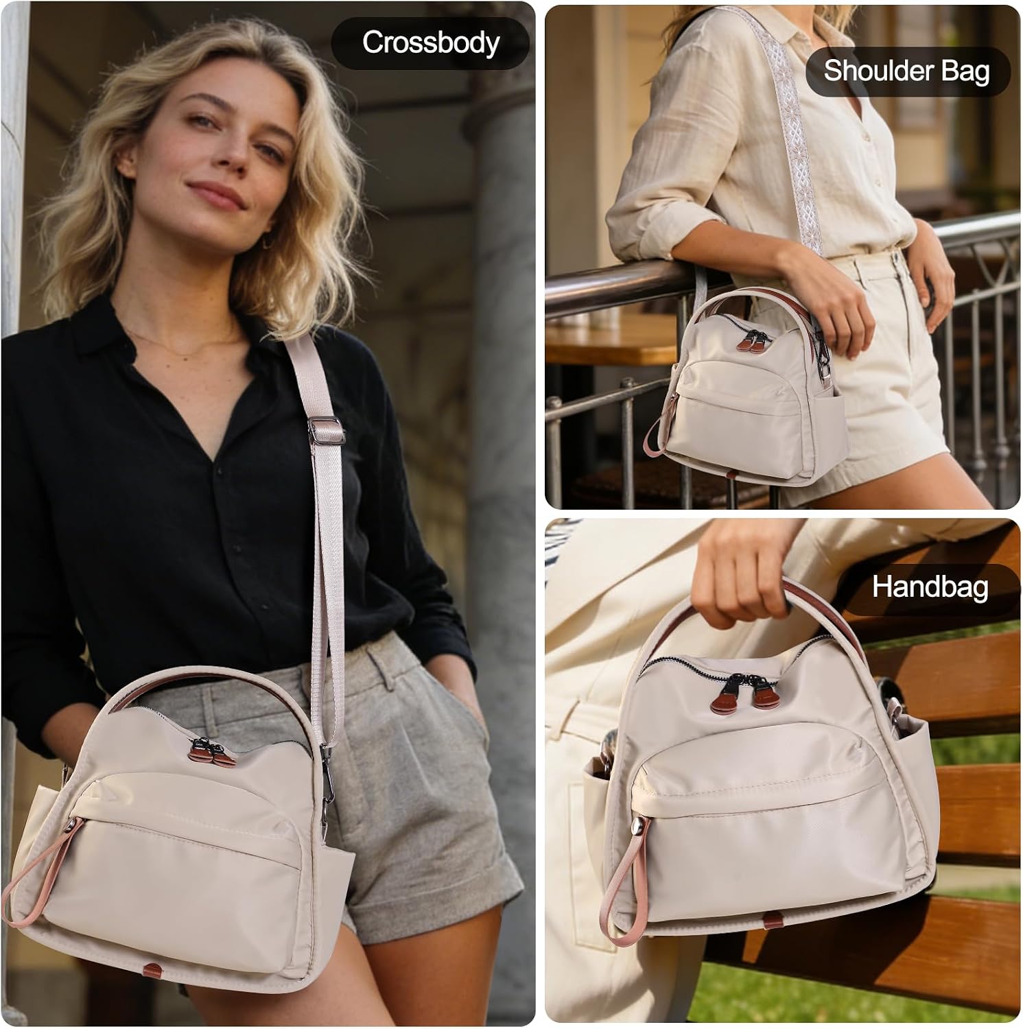 Women's Water-Resistant Nylon Top-Handle Crossbody Bag, Beige Women's Water-Resistant Nylon Top-Handle Crossbody Bag, Beige