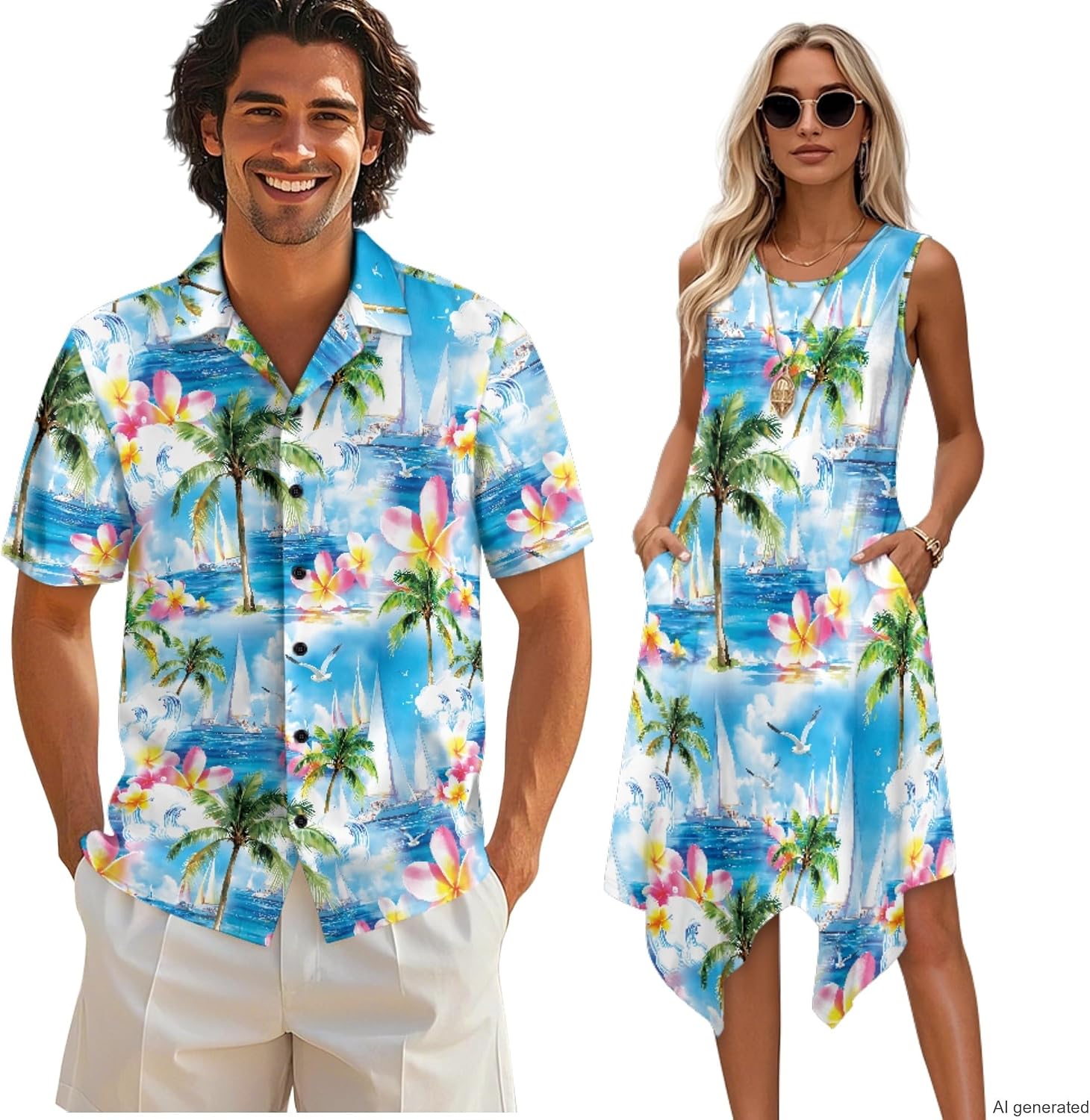 Couples Matching Tropical Print Tank Mini Dress and Shirt