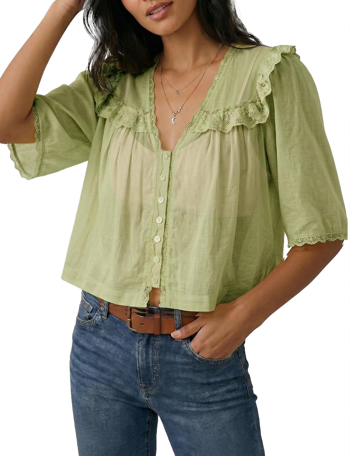 Women's Lace Trim Crop Blouse V Neck Sage Green