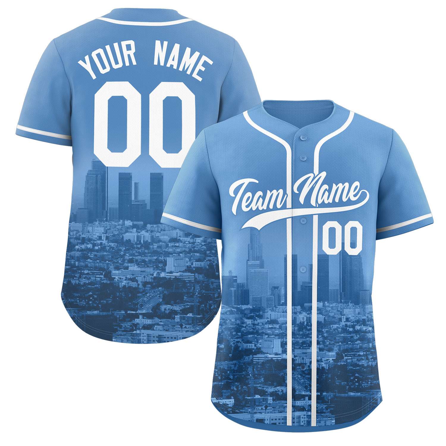 Maßgeschneidertes weiß-puderblaues Los Angeles City Skyline Baseball-Trikot Maßgeschneidertes weiß-puderblaues Los Angeles City Skyline Baseball-Trikot