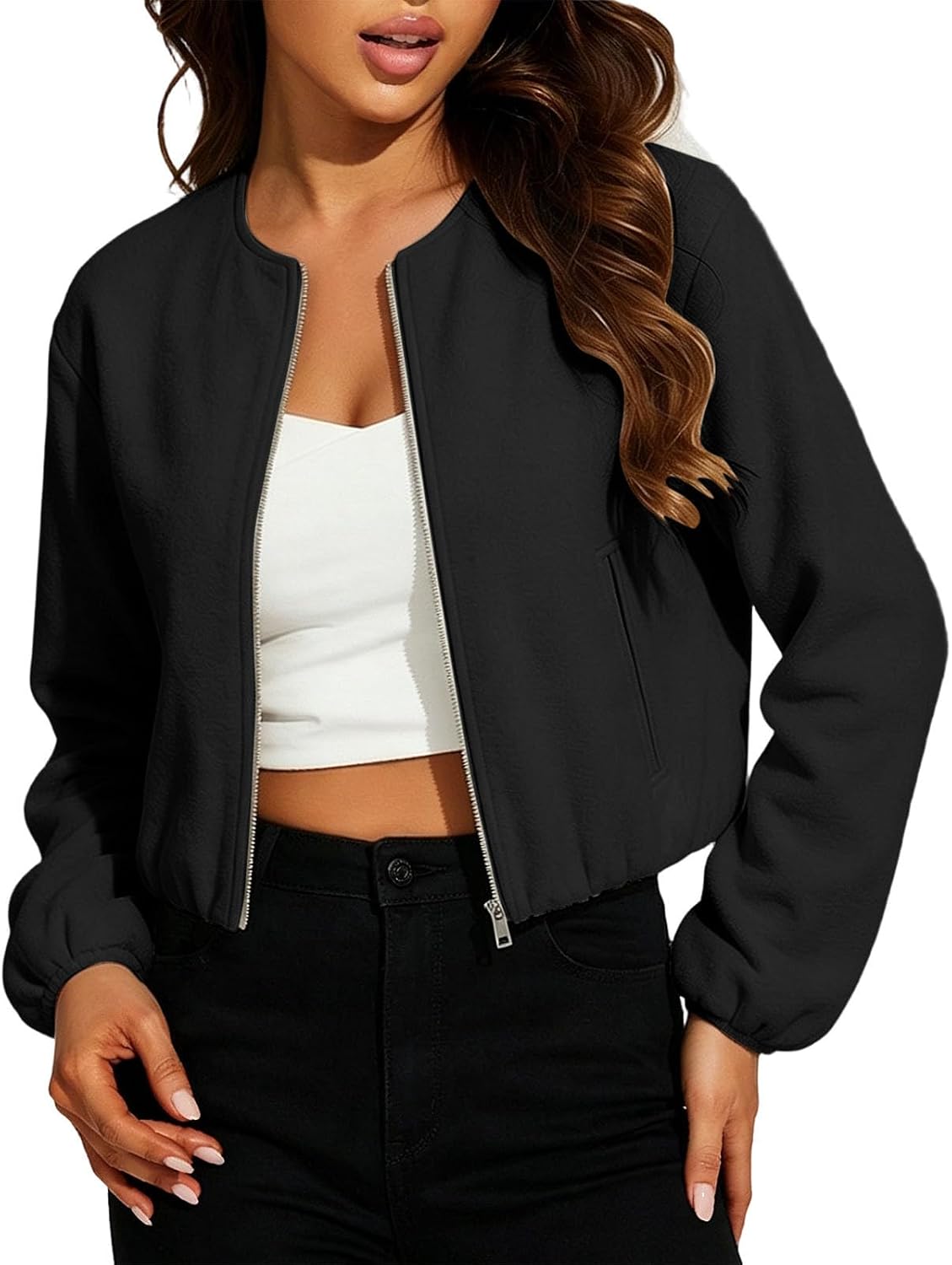 Women's Cropped Jackets Plus Size Full Zip Lightweight Coat with Pockets Fall Winter Clothes
