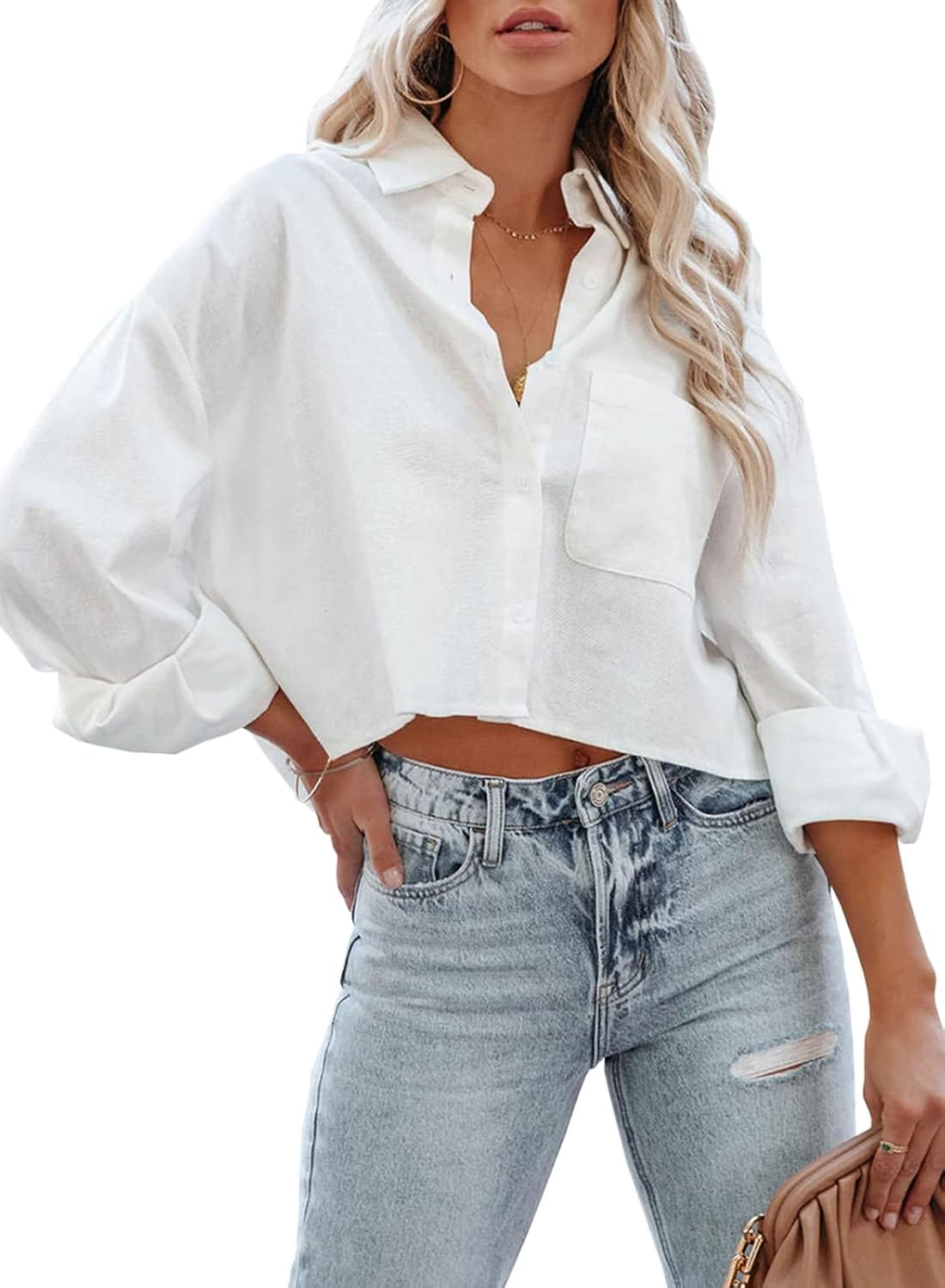 Womens Button Down Cropped Shirts Long Sleeve Casual Crop Tops Solid Lapel Blouse Shirt with Chest Pocket