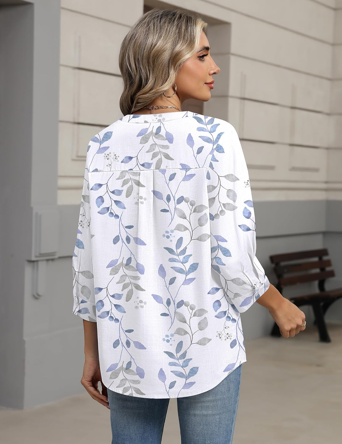 Women's Leaf Print Shirt 3/4 Sleeve V Neck Blue Women's Leaf Print Shirt 3/4 Sleeve V Neck Blue
