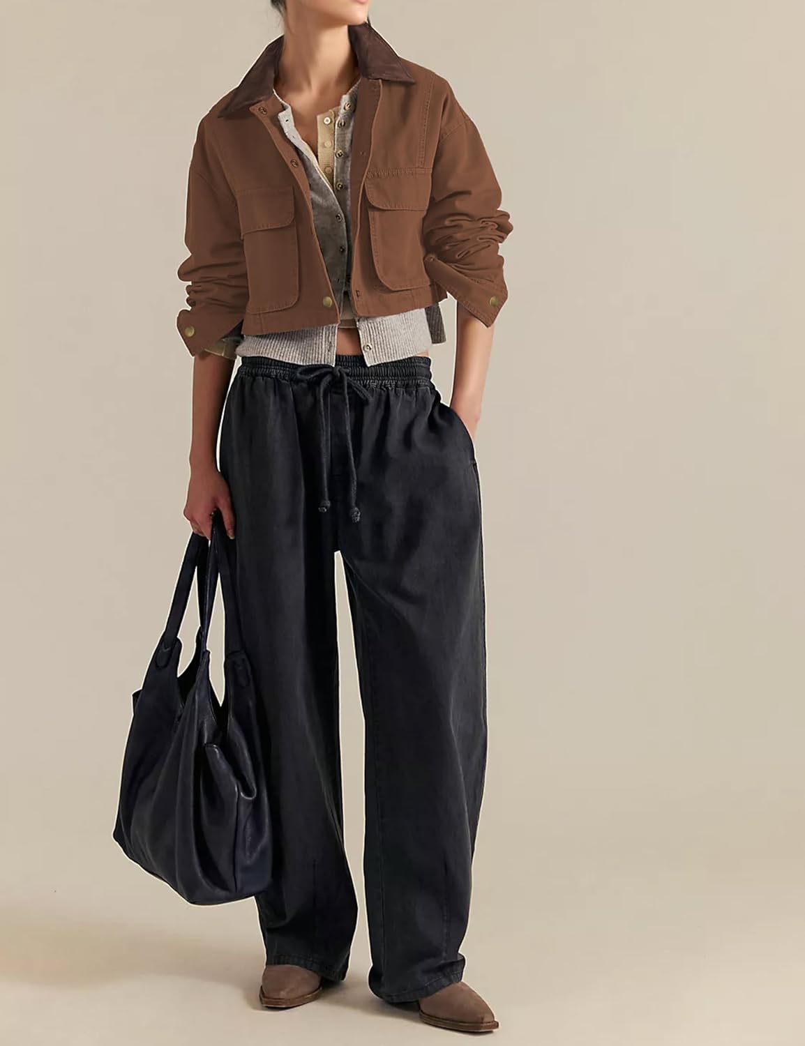 Barn Jackets for Women Contrast Collar Utility Coat Cargo Jacket Cropped with Pockets Outwear
