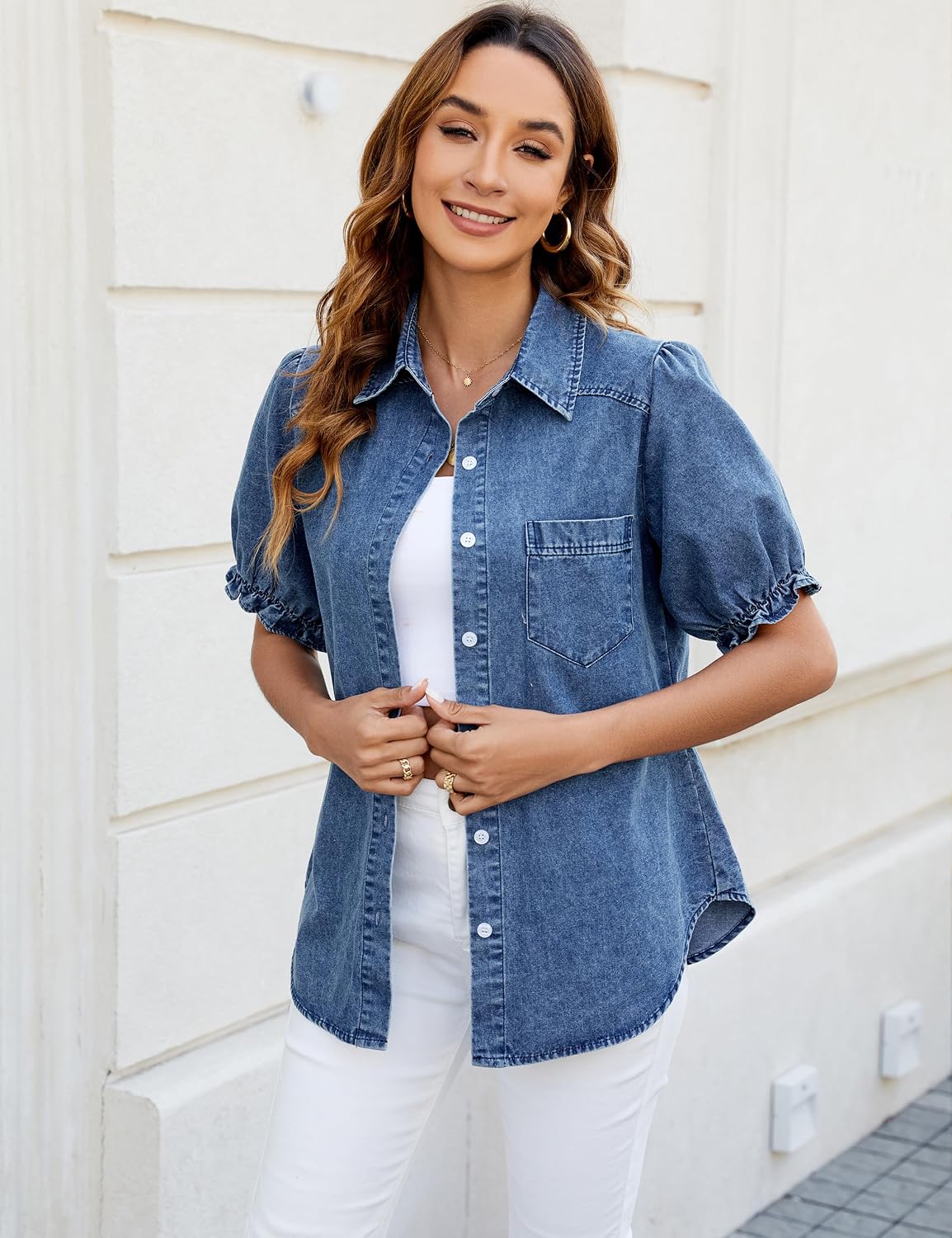 Women's Puff Short Sleeve Denim Shirt Button Down Blue