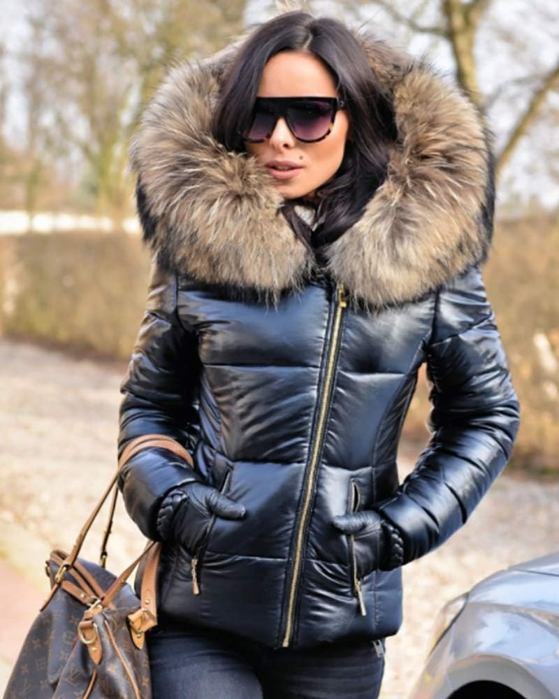 Women's Short Glossy Puffer Jacket Faux Fur Hood Black Women's Short Glossy Puffer Jacket Faux Fur Hood Black